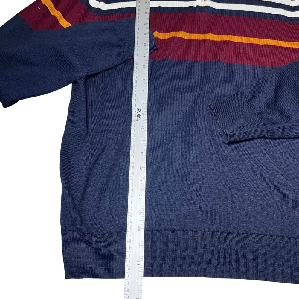 J. Crew Polo Sweater Mens XL Navy Blue Striped Long Sleeve Cotton Knit